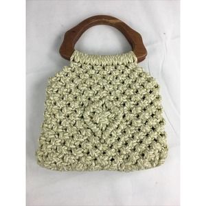 Vintage 1970s Macrame Crochet Beige Ivory Bag Purse‎ Wooden Handle